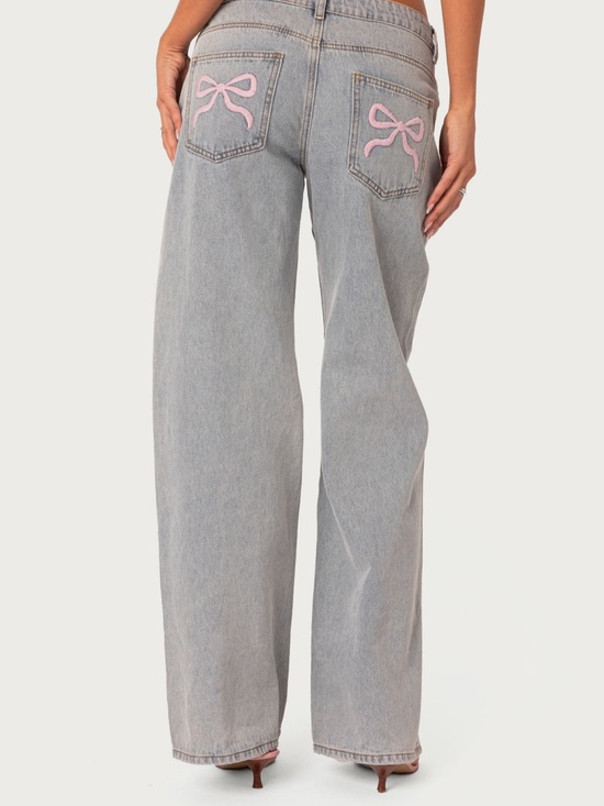 Edikted Denim - $98 Edikted Wide Leg Baggy Denim Jeans Pink Bows on Pockets Size Medium